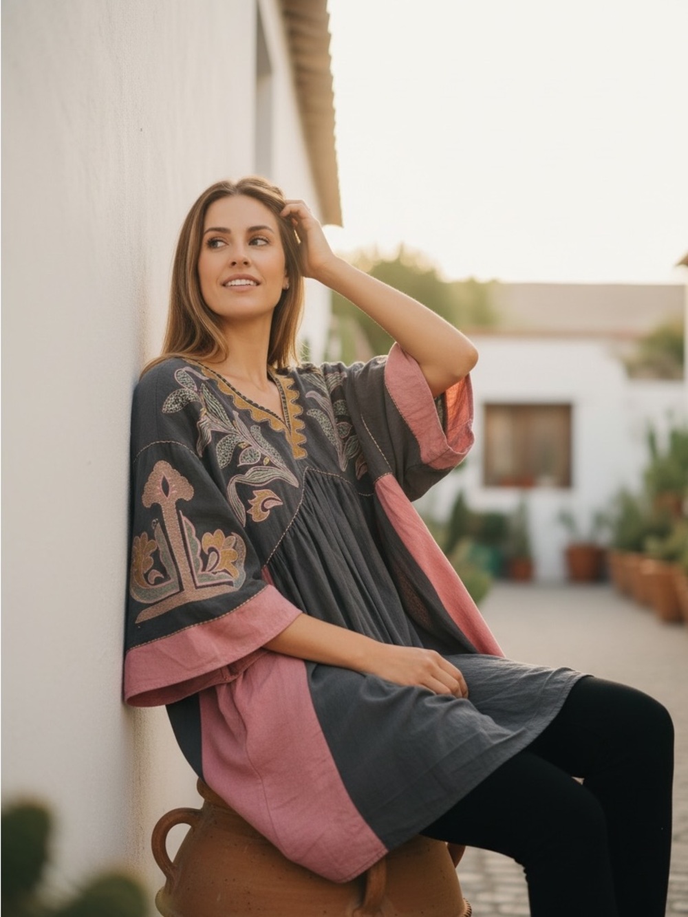 144 easel Bohemian Embroidered Tunic in Charcoal and Dusty Rose Oversized Small